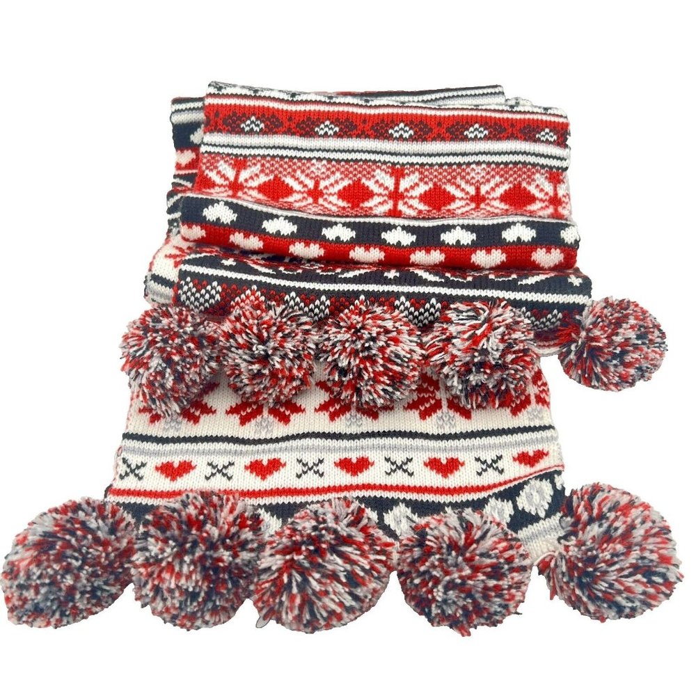 Talbots Nordic Reversible Scarf Snowflakes Hearts POM POMs Fair Isle Apres Ski - Picture 4 of 7